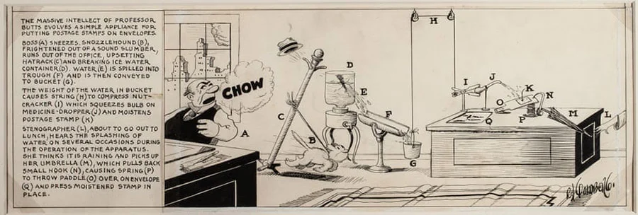 Dibujo de Rube Goldberg, invento professor Butts Dibujo de Rube Goldberg, invento professor Butts