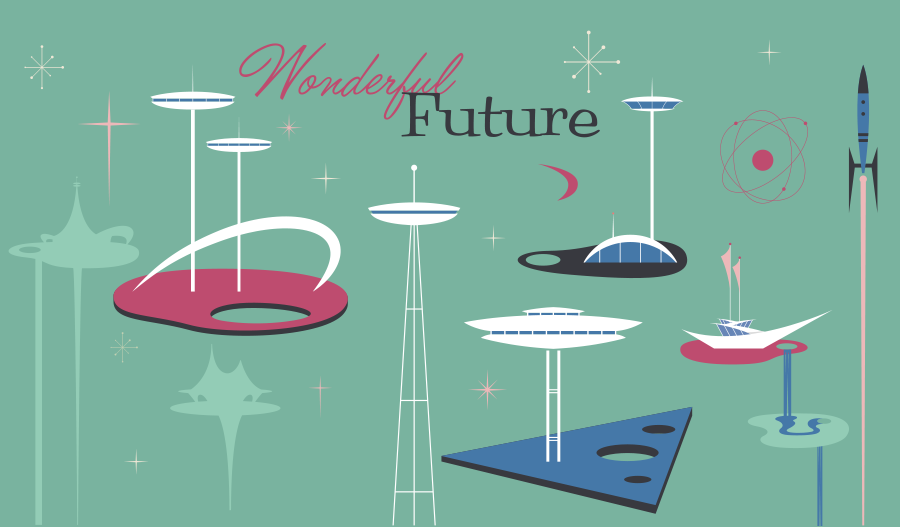Diseños Googie de estilo futurista, «Wonderful Future» Diseños Googie de estilo futurista, "Wonderful Future"