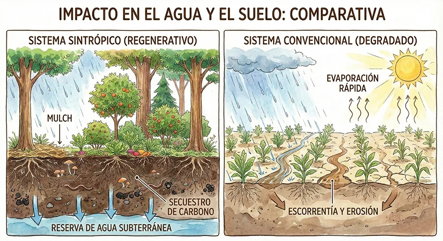 Agricultura Sintrópica, infografía 3. Impacto en el agua y el suelo.