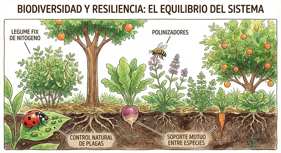 Agricultura Sintrópica, infografía 4. Biodiversidad y resiliencia, el equilibrio del sistema.