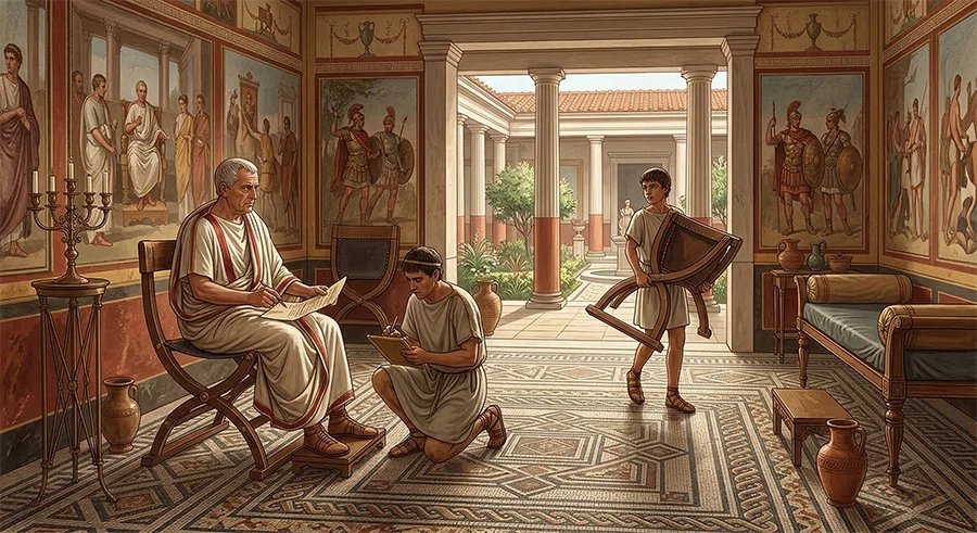 Escena de la Antigua Roma, estancia con silla curul