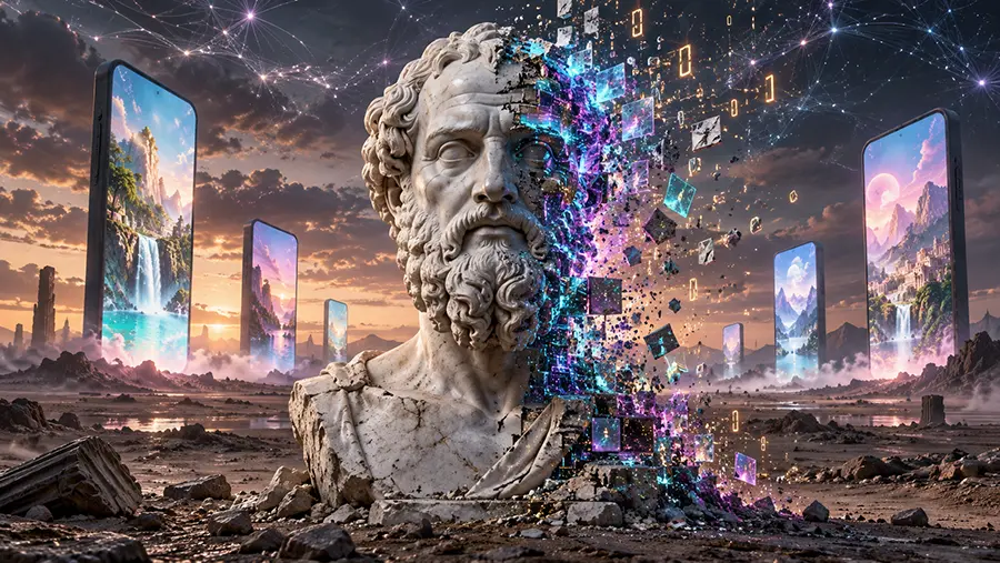 Busto de mármol de un filósofo griego antiguo que se disuelve parcialmente en píxeles y código binario en medio de un desierto con pantallas gigantescas, representando la teoría de la hiperrealidad de Jean Baudrillard.