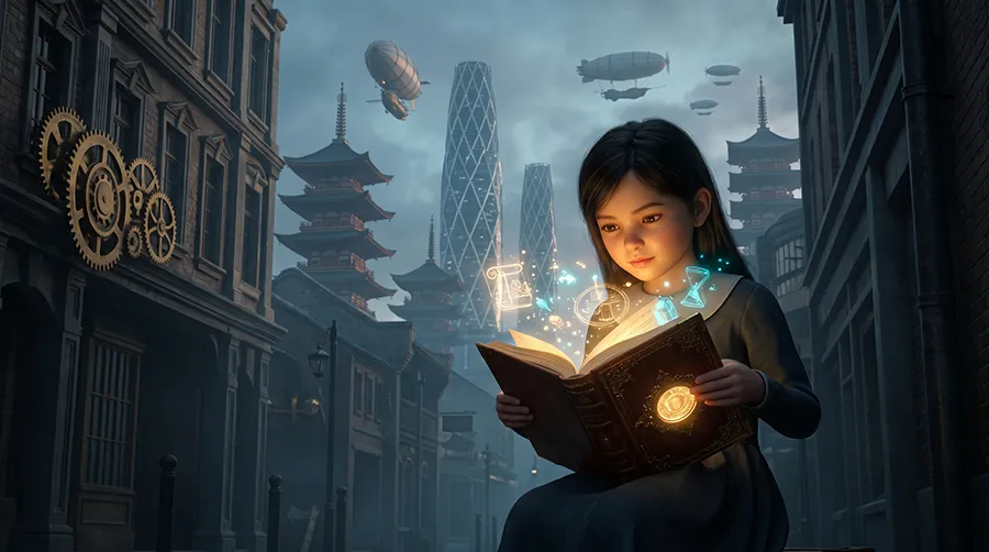 Ilustración estilo steampunk y nanopunk de una niña leyendo un libro interactivo holográfico en un Shanghái neovictoriano